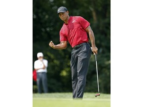 Tiger Woods reacts to sinking a birdie putt on the ninth green during the final round of the PGA Championship golf tournament at Bellerive Country Club, Sunday, Aug. 12, 2018, in St. Louis.