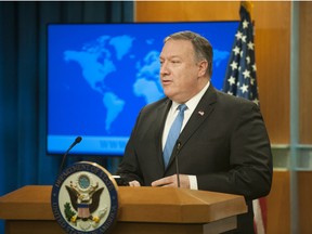 ecretary of State Mike Pompeo announces the creation of the Iran Action Group at the Department of State on August 16, 2018 in Washington, DC. Pompeo, the point man in President Donald Trump’s efforts to end North Korea’s nuclear weapons program, has been struggling to follow up on the agreement reached between Trump and North Korea’s leader, Kim Jong Un.