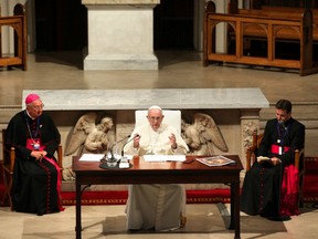 In this handout image provided by Maxwell Photography for 2018 WMOF2018, Pope Francis speaks at St Mary's Pro Cathedral on August 25, 2018 in Dublin, Ireland. Pope Francis is the 266th Catholic Pope and current sovereign of the Vatican. His visit, the first by a Pope since John Paul II's in 1979, is expected to attract hundreds of thousands of Catholics to a series of events in Dublin and Knock.