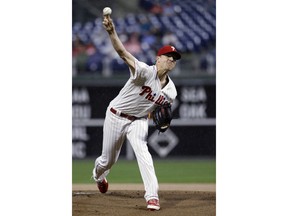 Philadelphia Phillies' Nick Pivetta pitches during the first inning of a baseball game against the Chicago Cubs, Friday, Aug. 31, 2018, in Philadelphia.
