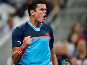 Canadian Milos Raonic does a fist pump to celebrate a point in third-round action at the U.S. Open tennis championships in New York on Friday. Raonic defeated Switzerland's Stan Wawrinka 7-6, 6-4 and 6-3.