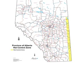 Detail of an Alberta government map showing the Rat Control Zone in yellow.