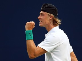 Denis Shapovalov celebrates a point against Robin Haase at the Rogers Cup on Aug. 9.