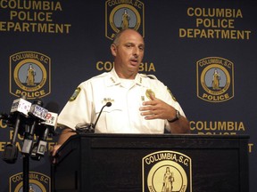 Columbia Police Chief Skip Holbrook talks Thursday, Aug. 23, 2018, in Columbia, S.C., about an investigation into the heat-related death of police dog "Turbo" in July. Holbrook said the handler, Master Police Officer David Hurt, violated police policy by leaving the dog alone for six hours and has been suspended without pay for five days.