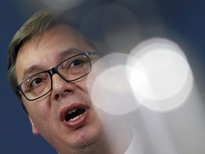 In this Monday, Oct. 2, 2017 file photo, Serbian President Aleksandar Vucic speaks during a press conference at the Serbia Palace, in Belgrade, Serbia.