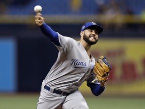 Kansas City Royals' Jakob Junis pitches to the Tampa Bay Rays during the first inning of a baseball game Wednesday, Aug. 22, 2018, in St. Petersburg, Fla.