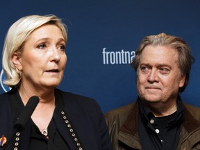 Marine Le Pen and Steve Bannon give a joint press conference during the French far-right Front National  party annual congress on March 10, 2018 in Lille, north of France.