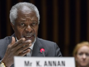 FILE - In this Wednesday, April 19, 2017 file photo Kofi Annan, former United Nations Secretary General  speaks during the Global partners meeting on neglected tropical diseases, (NTDs), at the World Health Organization headquarters in Geneva, Switzerland. Annan, one of the world's most celebrated diplomats and a charismatic symbol of the United Nations who rose through its ranks to become the first black African secretary-general, has died. He was 80.