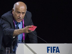 FILE - In this Friday, May 29, 2015 file photo Jibril Rajoub, president of the Palestinian Football Association speaks during the 65th FIFA Congress held at the Hallenstadion in Zurich, Switzerland. FIFA has banned the head of the Palestinian Football Association from attending soccer games for a year for inciting hatred and violence toward Lionel Messi. Jibril Rajoub called on Arab soccer fans to burn Messi posters and shirts if he participated in an Argentina game in Israel in June.