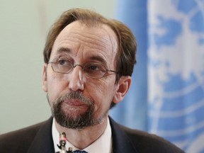 FILE - In this Feb. 7, 2018, file photo, U.N. human rights chief Zeid Ra'ad al-Hussein pauses during a press conference in Jakarta, Indonesia. Zeid defended his outspoken criticism of rights abuses in dozens of countries from Myanmar and Hungary to the United States on Thursday, Aug. 2, 2018, insisting that his office doesn't "bring shame on governments, they shame themselves." Zeid stressed at a farewell press conference at U.N. headquarters that "silence does not earn you any respect - none."