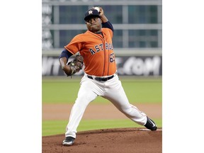 Houston Astros relief pitcher Framber Valdez (65) throws against the Los Angeles Angels during the first inning of a baseball game Friday, Aug. 31, 2018, in Houston.