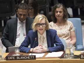 United Nations High Commissioner for Refugees Goodwill Ambassador Cate Blanchett during a Security Council meeting on the situation in the Myanmar, Tuesday, Aug. 28, 2018 at United Nations headquarters.