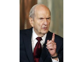 FILE - This Jan. 16, 2018, file photo, shows President Russell M. Nelson speaking at a news conference, in Salt Lake City. The president of the Mormon church is asking people to refrain from using "Mormon" or "LDS" as a substitute for the full name of the religion: The Church of Jesus Christ of Latter-day Saints, Thursday, Aug. 16, 2018.