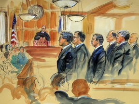 This courtroom sketch depicts Paul Manafort, fourth from right, standing with his lawyers in front of U.S. district Judge T.S. Ellis III, center rear, and the selected jury, seated left, during the jury selection of his trial at the Alexandria Federal Courthouse in Alexandria, Va., Tuesday, July 31, 2018. A jury set to decide the fate of President Donald Trump's former campaign chairman Manafort was selected Tuesday, and opening statements in his tax evasion and bank fraud trial were expected in the afternoon.