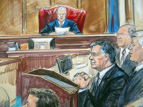 This courtroom sketch shows Paul Manafort listening to U.S. District court Judge T.S. Ellis III at federal court in Alexandria, Va., Tuesday, Aug. 21, 2018. Manafort, the longtime political operative who for months led Donald Trump's winning presidential campaign, was found guilty of eight financial crimes in the first trial victory of the special counsel investigation into the president's associates. A judge declared a mistrial on 10 other counts the jury could not agree on.
