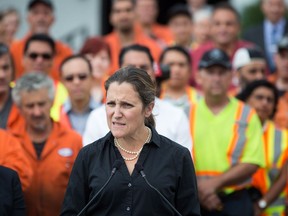 Minister of Foreign Affairs Chrystia Freeland speaks after touring Tree Island Steel, in Richmond, B.C., on Friday, August 24, 2018.