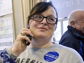 FILE - In this Feb. 8, 2016, file photo, Brenda Siegel, of Newfane, Vt., helps train volunteers to make phone calls for Democratic presidential candidate Sen. Bernie Sanders at his campaign headquarters in Keene, N.H. Siegel is seeking the Democratic nomination to run for governor of Vermont in the Aug. 14, 2018, primary election.