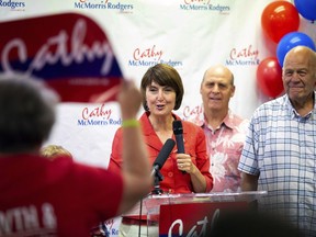 Cathy McMorris Rodgers prepares to give a speech after receiving the news that she took the edge over Lisa Brown for Fifth House District in the Washington state primary election during the Spokane County Republican Party's election night party, Tuesday, Aug. 7, 2018, in Spokane, Wash.