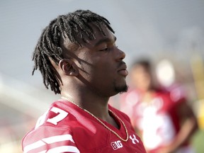 In this July 28, 2017, photo, Wisconsin wide receiver Quintez Cephus talks with members of the media during the team's media day in Madison, Wisc.  Cephus says he's taking a leave of absence from the team because he believes prosecutors intend to file criminal charges against him for an incident in April involving what he calls a "consensual relationship." In a tweet late Saturday, Aug. 18, 2018, Cephus didn't specify what he is accused of but denied any wrongdoing and said he has been wrongfully accused.