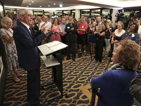 Tony Evers speaks after his win in Wisconsin's Democratic gubernatorial primary election during an event at Best Western Premier Park Hotel in Madison, Wis., Tuesday, Aug. 14, 2018.