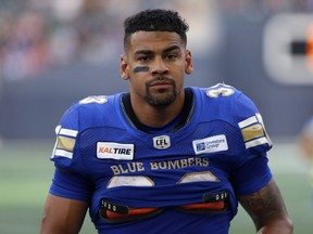 Winnipeg Blue Bombers running Andrew Harris raises an eyebrow before a game against the Hamilton Tiger-Cats on Aug. 10.