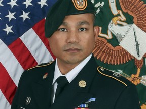 This image proved by the Army show Sgt. 1st Class Reymund Rarogal Transfiguracion, 36, from Waikoloa, Hawaii. The U.S. military says the Army special forces soldier died Sunday, Aug. 12, 2018, from wounds he received earlier this month in southern Afghanistan. He was wounded when an improvised explosive device detonated near him while he was on patrol. (U.S. Army via AP)