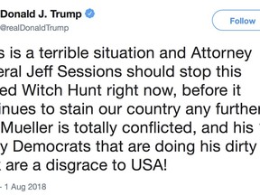 This image from the Twitter account of President Donald Trump shows a tweet on Wednesday, Aug. 1, 2018 calling for Attorney General Jeff Sessions to end the Russia investigation that raises difficult questions about whether Trump's frequent use of Twitter might be used to build a case of obstruction of justice against him. (Twitter via AP)
