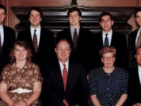 Supreme Court Justice Neil Gorsuch, top left, is pictured next to Judge Brett Kavanaugh, who has been nominated to the Supreme Court, in this photo taken during the term that both men worked for Justice Anthony Kennedy in 1993 and 1994. Kavanaugh and Gorsuch share a history that goes back decades. In the back row of the photo are the clerks that worked for Kennedy that term: Gorsuch, Kavanaugh, Miles Ehrlich, Nathan Forrester and Gary Feinerman. Kennedy, whom Kavanaugh has been nominated to replace, is in the bottom row alongside staff. (U.S. Supreme Court via AP)