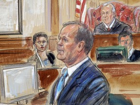 This Aug. 7, 2018, courtroom sketch depicts Rick Gates, right, testifying during questioning in the bank fraud and tax evasion trial of Paul Manafort at federal court in Alexandria, Va. U.S. district Judge T.S. Ellis III presides at top right.