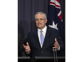 Australia's next Prime Minister Scott Morrison speaks during a press conference at Parliament House in Canberra, Friday, Aug. 24, 2018. Australia government lawmakers on Friday elected Treasurer Morrison as the next prime minister in a ballot that continues an era of extraordinary political instability.