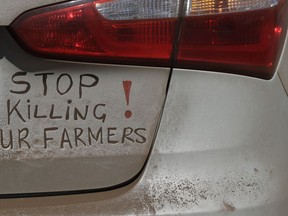 FILE - In this file photo dated Monday, Oct 30 2017, a bumper sign calls for the end of farm killings in South Africa, during a blockade of a freeway in Midvaal, South Africa. U.S. President Donald Trump has tweeted that he has asked the U.S. Secretary of State Mike Pompeo to "closely study the South African land and farm seizures and expropriations and the large scale killing of farmers." Trump added, "South African Government is now seizing land from white farmers."