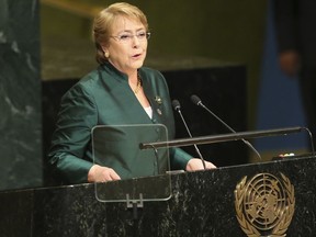 FILE - In this Sept. 21, 2016 file photo, then Chilean President Michelle Bachelet speaks during the 71st session of the United Nations General Assembly at U.N. headquarters. Diplomats say Secretary-General Antonio Guterres has chosen former president Bachelet to be the next UN human rights chief. The diplomats said Wednesday, Aug. 8, 2018, that UN Deputy Secretary-General Amina Mohammed told a group of ambassadors of Guterres' decision on Tuesday.