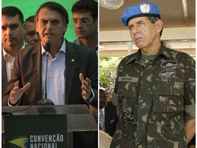 FILES - This combo of two file photos shows Brazilian presidential candidate Jair Bolsonaro accepting his party's nomination in Rio de Janeiro, Brazil on July 22, 2018, left, and Brazilian Army Gen. Augusto Heleno Ribeiro Pereira as commander of the U.N. Stabilization Mission in Haiti (MINUSTAH) in Port-au-Prince, Haiti on June 1, 2004. Heleno was one of Bolsonaro's early picks for running-mate, but Heleno said he had to decline because his party didn't approve the alliance.
