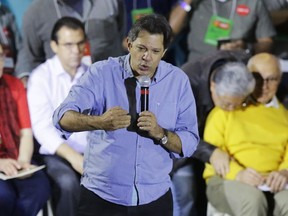 Sao Paulo's former mayor Fernando Haddad speaks during the Workers Party national convention in Sao Paulo, Brazil, Saturday, Aug. 4, 2018. The convention confirmed the jailed Brazil's former president Luiz Inacio Lula da Silva as their candidate for the country's presidency in October's election. Da Silva leads the polls by a large margins, but is likely to be barred by Brazil's electoral justice.
