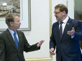 Sen. Rand Paul, left, speaks with Chairman of the Russian Federation Council Committee on International Affairs Konstantin Kosachev during their meeting in Moscow, Russia, Monday, Aug. 6, 2018. Paul said he invited Russian lawmakers to visit the United States to help foster inter-parliamentary contacts.