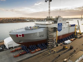 The Royal Canadian Navy's first Arctic and Offshore Patrol Ship (AOPS), the future HMCS Harry DeWolf, is assembled at Irving Shipbuilding's Halifax Shipyard on Friday, December 8, 2017.
