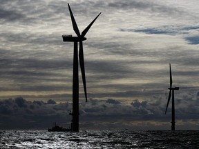 A view of Walney Offshore Windfarm, located 15 kilometres west of Cumbria in the Irish Sea on November 23, 2010 in Barrow in Furness, England.