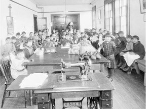 Shubenacadie, N.S. - Mi'kmaq girls in sewing class at the Roman Catholic-run Shubenacadie Indian Residential School in Shubenacadie.