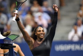 Serena Williams celebrates after beating Karolina Pliskova 6-4, 6-3 in their women's quarter-finals match at the U.S. Open on Tuesday night in New York.