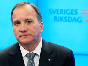 Swedish Prime Minister Stefan Lofven speaks to the press after he was ousted in a vote of no-confidence in the Swedish Parliament Riksdagen on September 25, 2018 in Stockholm.