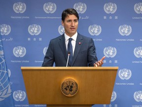 Canadian Prime Minister Justin Trudeau speaks during a news conference at the United Nations, Sept. 26, 2018.