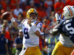 LSU quarterback Joe Burrow (9) throws a pass during the first half of an NCAA college football game against Auburn, Saturday, Sept. 15, 2018, in Auburn, Ala.