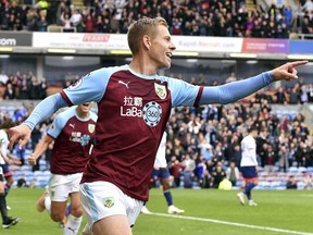 Burnley's Matej Vydra celebrates scoring his side's first goal of the game, during the English Premier League soccer match between Burnley and Bournemouth at Turf Moor, in  Burnley, England, Saturday, Sept. 22, 2018.