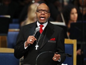 Rev. Jasper Williams, Jr., delivers the eulogy during the funeral service for Aretha Franklin at Greater Grace Temple, in Detroit.