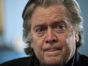In this Sunday, Aug. 19, 2018 file photo, Steve Bannon, U.S. President Donald Trump's former chief strategist, talks during an interview with The Associated Press in Washington.