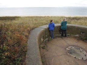 FILE - In this Oct. 6, 2010, file photo, Adrienne Esposito, left, director of Citizens Campaign for the Environment, and Stella Miller, president of the Huntington-Oyster Bay Audubon Society, look over the beach from the top of an old battery, previously used for defense, on Plum Island in New York. Lawmakers in Connecticut and New York are moving in September 2018 to block the sale of Plum Island, the latest effort to block private development on the former germ warfare testing site in Long Island Sound that is also a habitat for over 200 bird species.