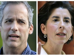 FILE - This panel of 2018 photos shows former Rhode Island Secretary of State Matt Brown, left, and Gov. Gina Raimondo. Brown is Raimondo's top challenger in the Democratic gubernatorial primary on Wednesday, Sept. 12.