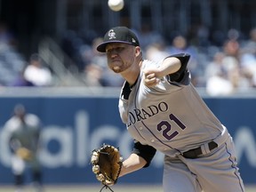 Colorado Rockies starting pitcher Kyle Freeland throws to a San Diego Padres batter during the first inning of a baseball game in San Diego, Sunday, Sept. 2, 2018.