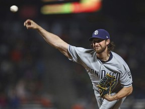 San Diego Padres pitcher Bryan Mitchell works against the San Francisco Giants in the first inning of a baseball game Monday, Sept. 24, 2018, in San Francisco.