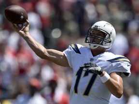 Los Angeles Chargers quarterback Philip Rivers passes against the Kansas City Chiefs during the first half of an NFL football game Sunday, Sept. 9, 2018, in Carson, Calif.